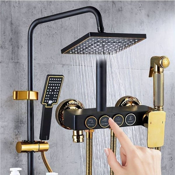 DENU-Home Duschsystem Brausegarnitur Schwarz Gold Thermostat-Mischbatterie für Badezimmer, 4 Strahlart(en), 4-Fach verstellbare Handbrause mit Antikalk-Noppen.