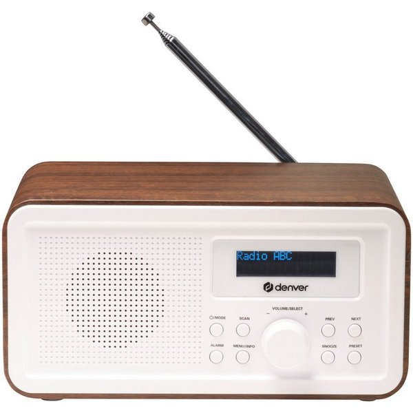Denver DAB-30DW Digitalradio (DAB) (DAB+, FM PLL, Uhr & Alarm, Snooze, 20-stufige Lautstärkeregelung, 1 W, Holz-Design, DAB+/FM PLL)