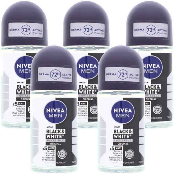 Nivea Deo-Roller 5 x NIVEA MEN Black & White Invisible Original Deo Roll On je 50ml 72H