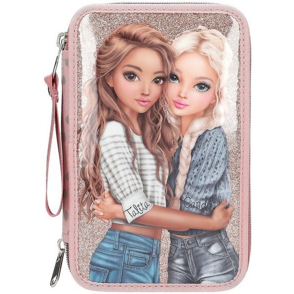 Depesche Federmäppchen Gefüllte 3-Fach Federtasche Rosa mit TOPModel Motiv, 20 cm, Punkte-Muster, Glitzer, Buntstifte, Schere, Lineal enthalten