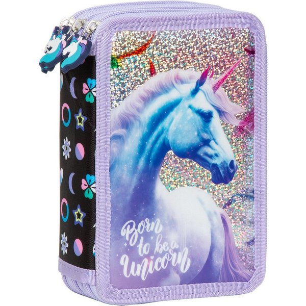DERFORM Federtasche Einhorn 3 Fach Federtasche gefüllt Federmäppchen Federmappe Unicorn, (43-tlg)