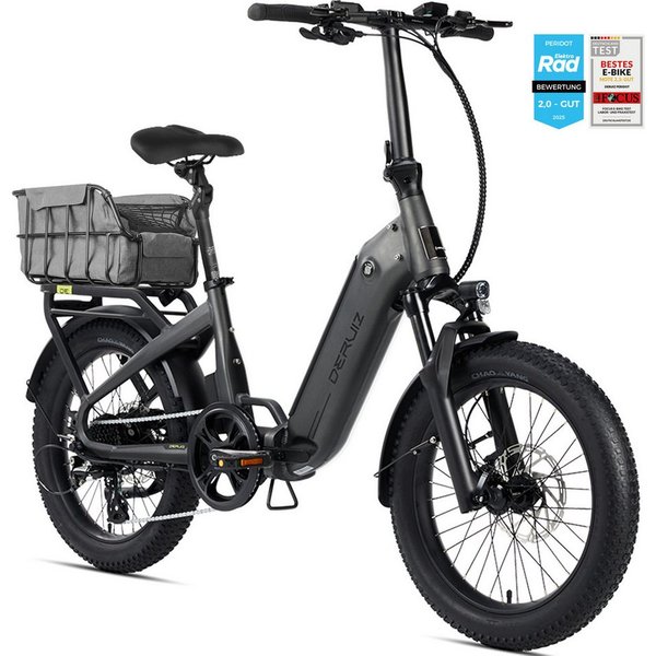 DERUIZ E-Bike Klapprad 20x3,0 Zoll, max. 140km, Federsattelstütze, mit Bluetooth, 5 Stufen, 8 Gang SHIMANO SHIMANO ALTUS 11-32T Schaltwerk, Kettenschaltung, Hec