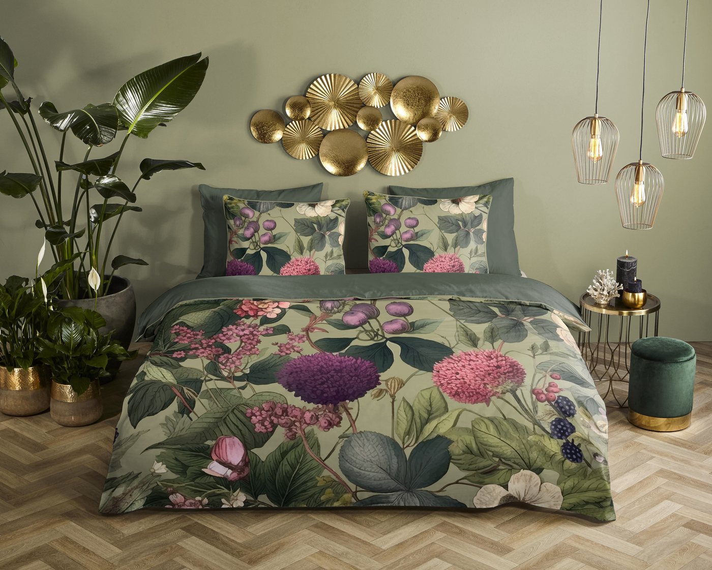 Descanso Wendebettwäsche Onaz, Renforcé, 2 teilig, Satin, Reißverschluss, Paspel, Biese, Wendeoptik, Luxe, Blumen, Grün – Bild 2 von 4