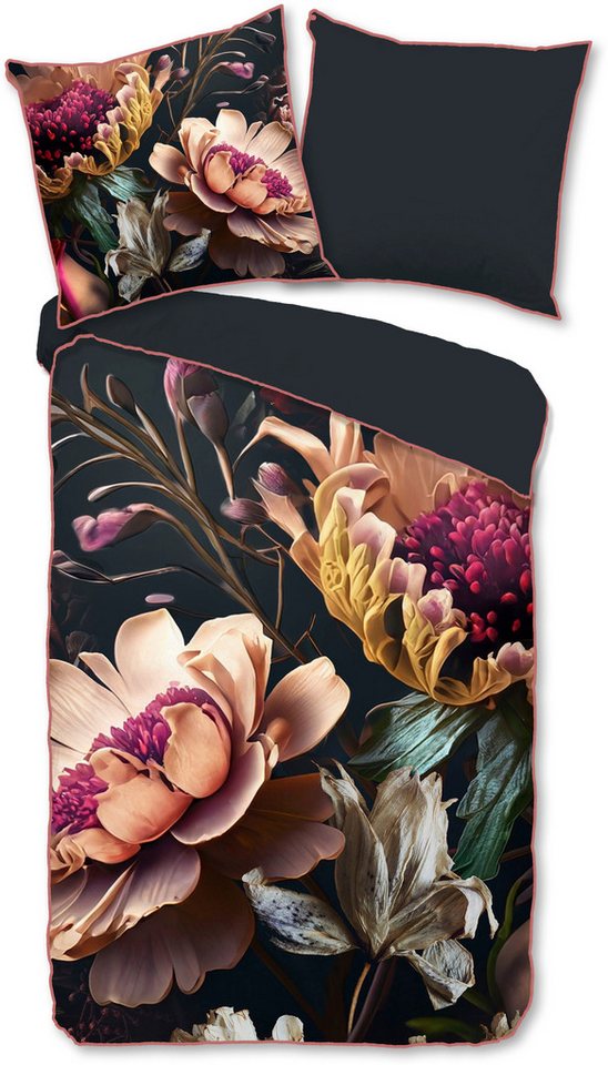 Descanso Wendebettwäsche Straizo, Mako-Satin, Renforcé, Satin, 2 teilig, Satin, Reißverschluss, Paspel, Biese, Wende, Luxe, Blume, Anthrazit – Bild 2 von 5