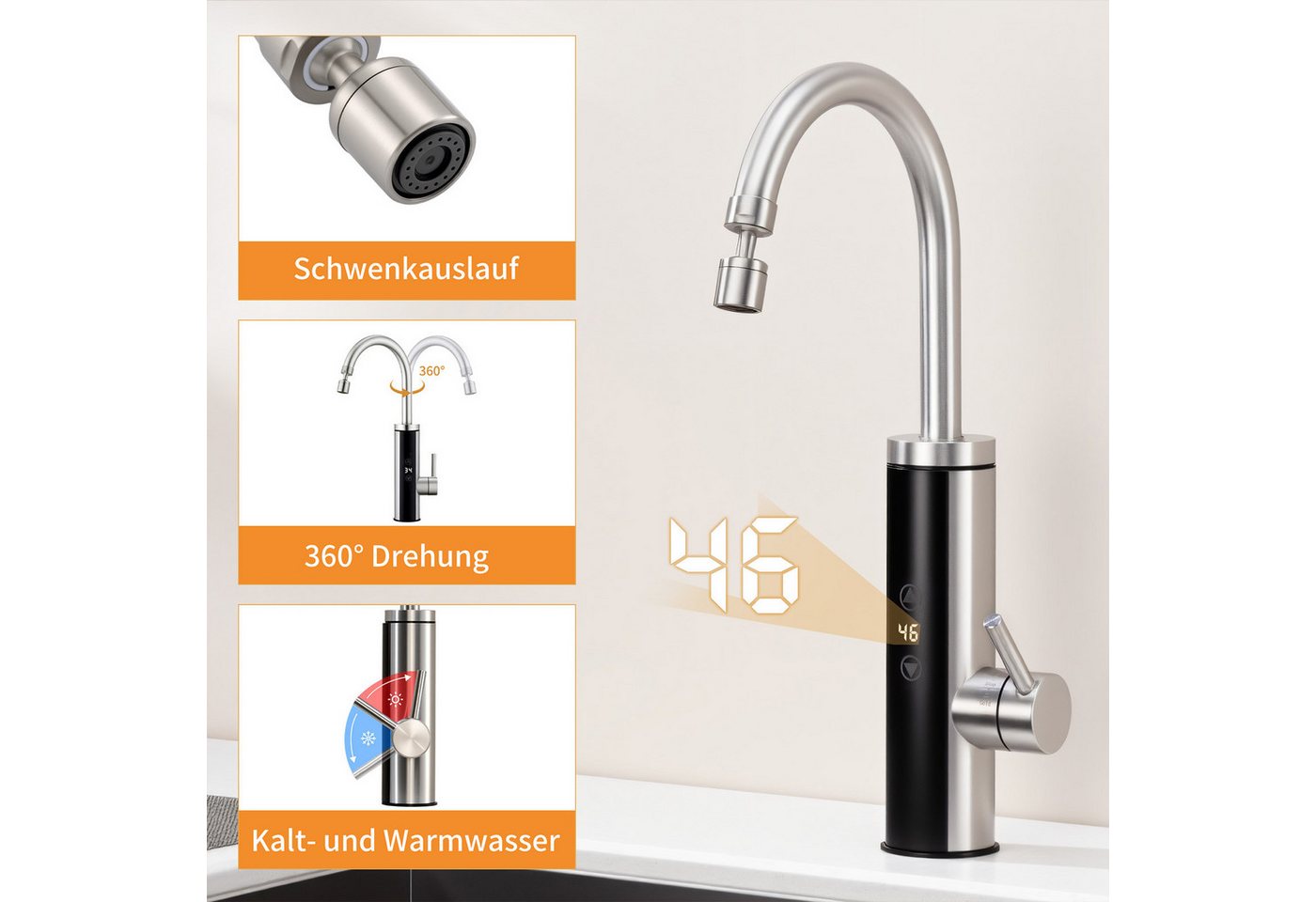 DESFAU Küchenarmatur mit Durchlauferhitzer, Wasserhahn 360° drehbar,3-Stufen Touchregelung spültischarmatur küche,Elektrische Durchlauferhitzer,Gebürstet – Bild 3 von 5