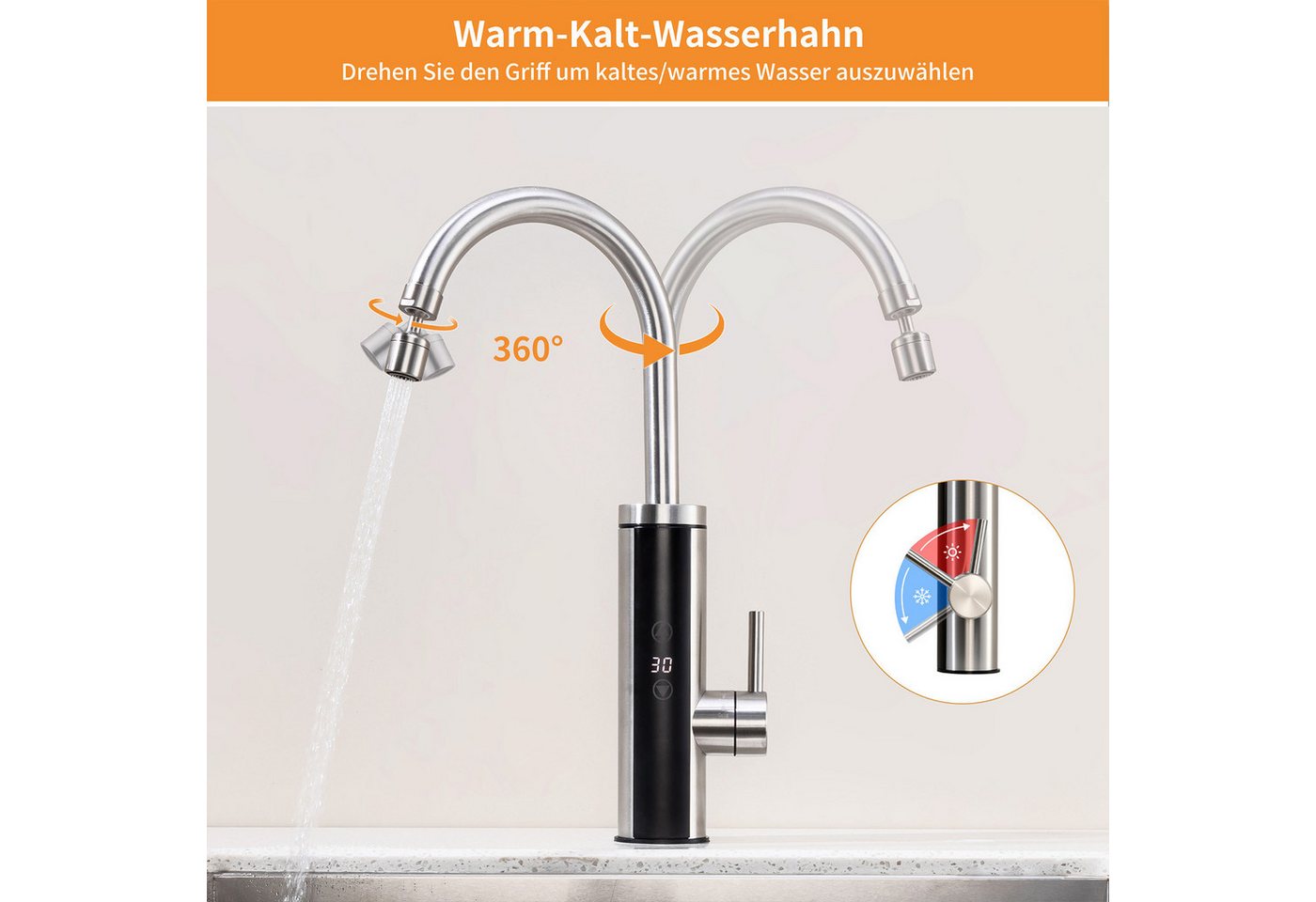 DESFAU Küchenarmatur mit Durchlauferhitzer, Wasserhahn 360° drehbar,3-Stufen Touchregelung spültischarmatur küche,Elektrische Durchlauferhitzer,Gebürstet – Bild 4 von 5