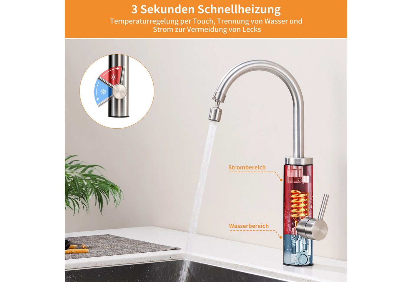 DESFAU Küchenarmatur mit Durchlauferhitzer, Wasserhahn 360° drehbar,3-Stufen Touchregelung spültischarmatur küche,Elektrische Durchlauferhitzer,Gebürstet – Bild 5 von 5