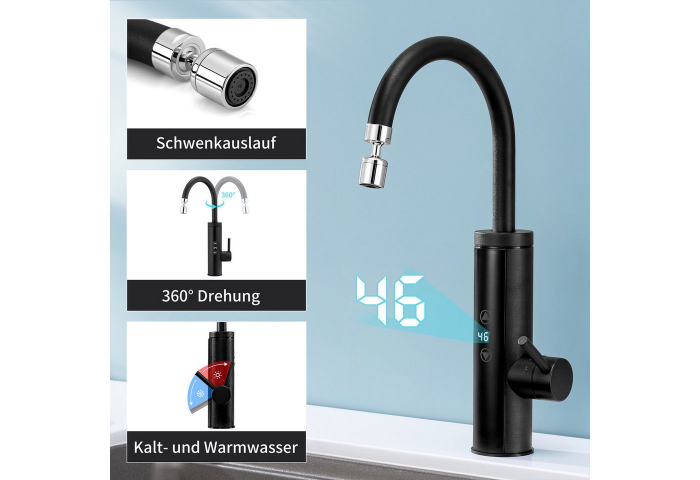 DESFAU Küchenarmatur mit Durchlauferhitzer, Wasserhahn 360° drehbar,3-Stufen Touchregelung spültischarmatur küche,Elektrische Durchlauferhitzer,Schwarz – Bild 3 von 5