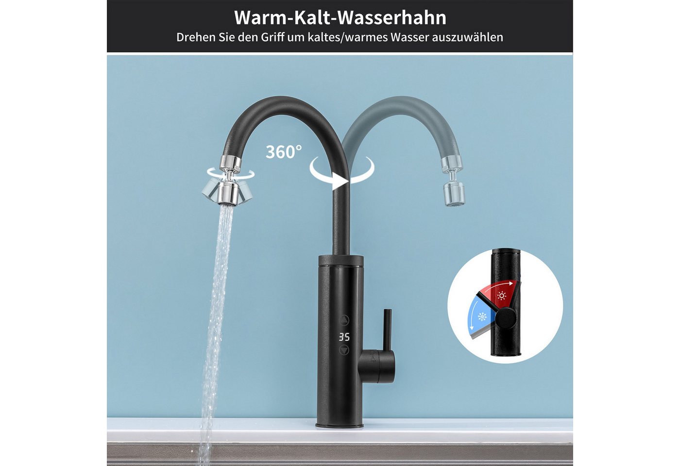DESFAU Küchenarmatur mit Durchlauferhitzer, Wasserhahn 360° drehbar,3-Stufen Touchregelung spültischarmatur küche,Elektrische Durchlauferhitzer,Schwarz – Bild 4 von 5