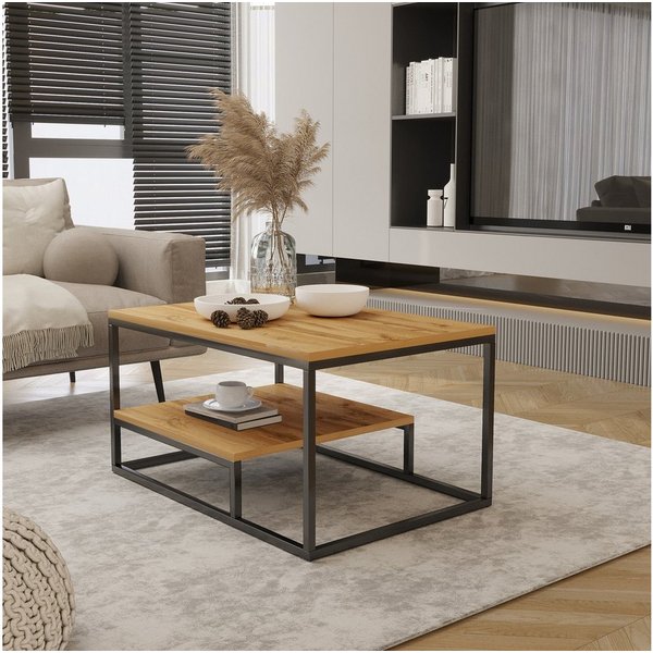 Design Möbel Couchtisch Moderner Couchtisch mit Ablage Stahlgestell, 90x60x48 cm