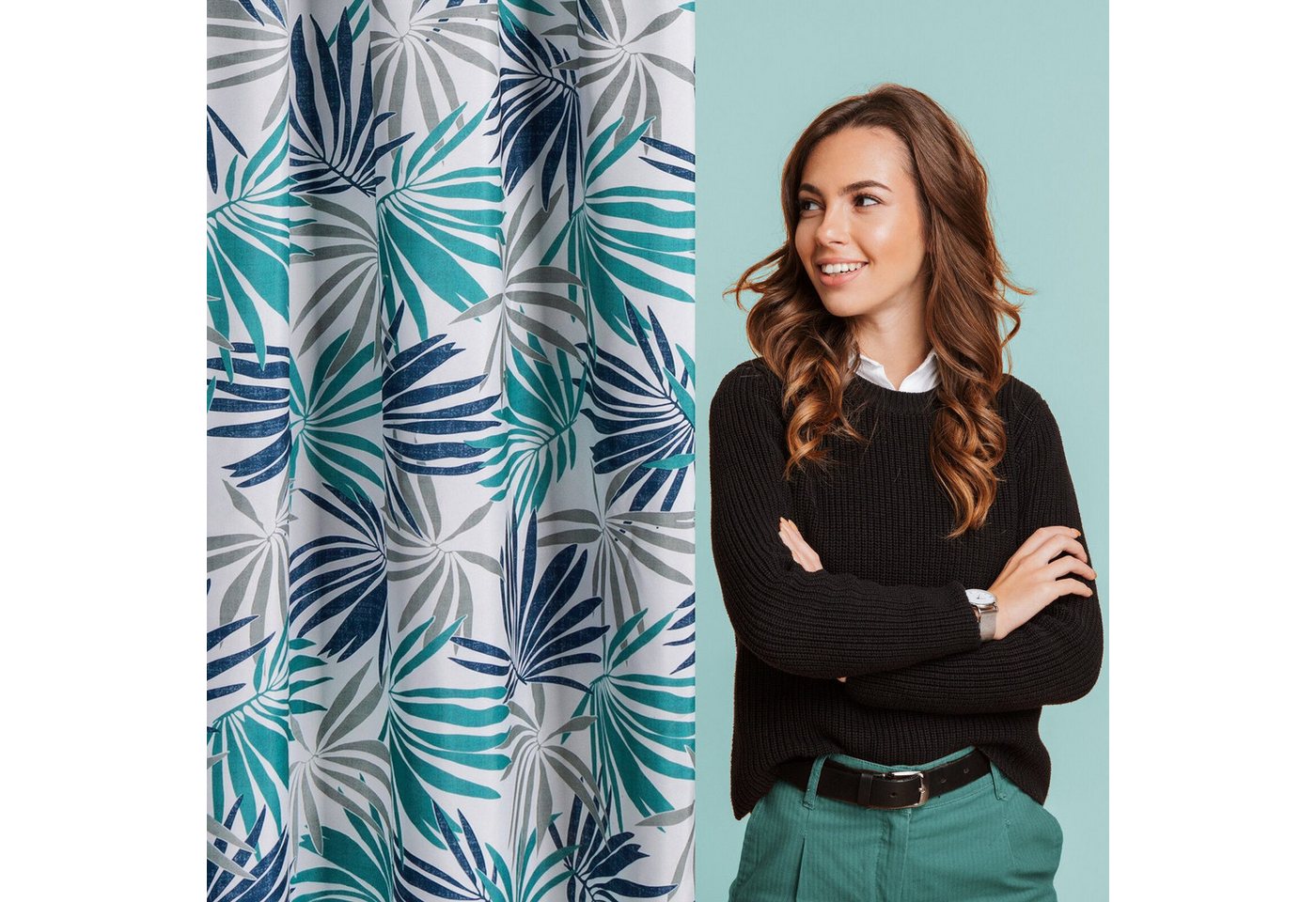 Design91 Vorhang Vorhänge mit Dschungel Muster Palmenblätter Botanische Motive, Blickdicht, Ösenschal, Wohnzimmer – Bild 4 von 5