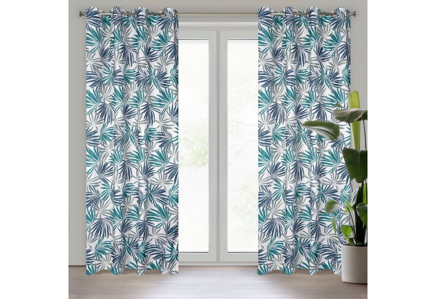 Design91 Vorhang Vorhänge mit Dschungel Muster Palmenblätter Botanische Motive, Blickdicht, Ösenschal, Wohnzimmer – Bild 5 von 5