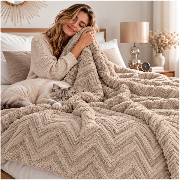 Wohndecke HYGGE Kuscheldecke – weiche Sofadecke, Design91, mit Fischgrät-Struktur, Mikrofaser 340 GSM, Plaid für Sofa & Bett