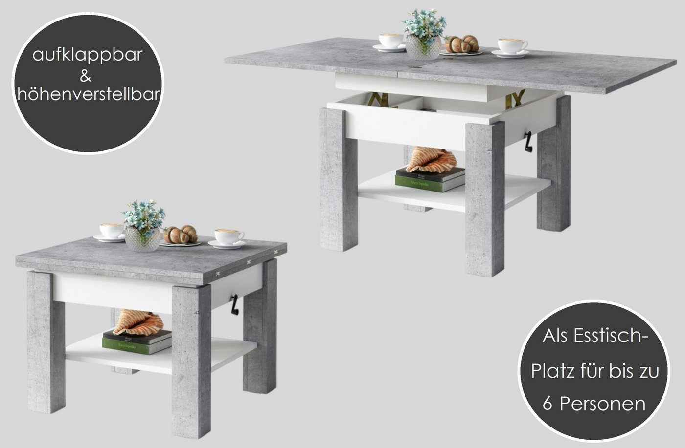 designimpex Couchtisch Design Cleo stufenlos höhenverstellbar aufklappbar Esstisch – Bild 4 von 5