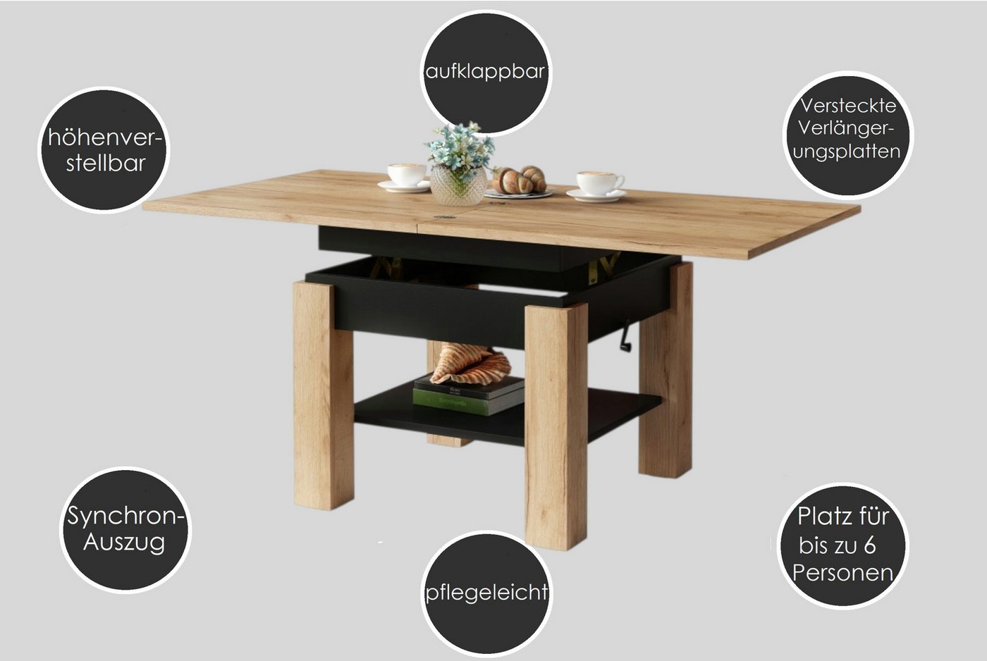 designimpex Couchtisch Design Cleo stufenlos höhenverstellbar aufklappbar Esstisch – Bild 5 von 5