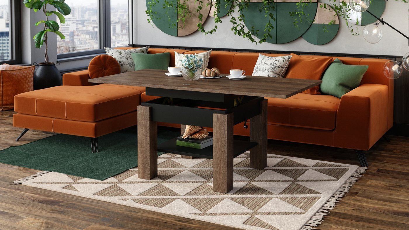 designimpex Couchtisch Design Cleo stufenlos höhenverstellbar aufklappbar Esstisch – Bild 2 von 5