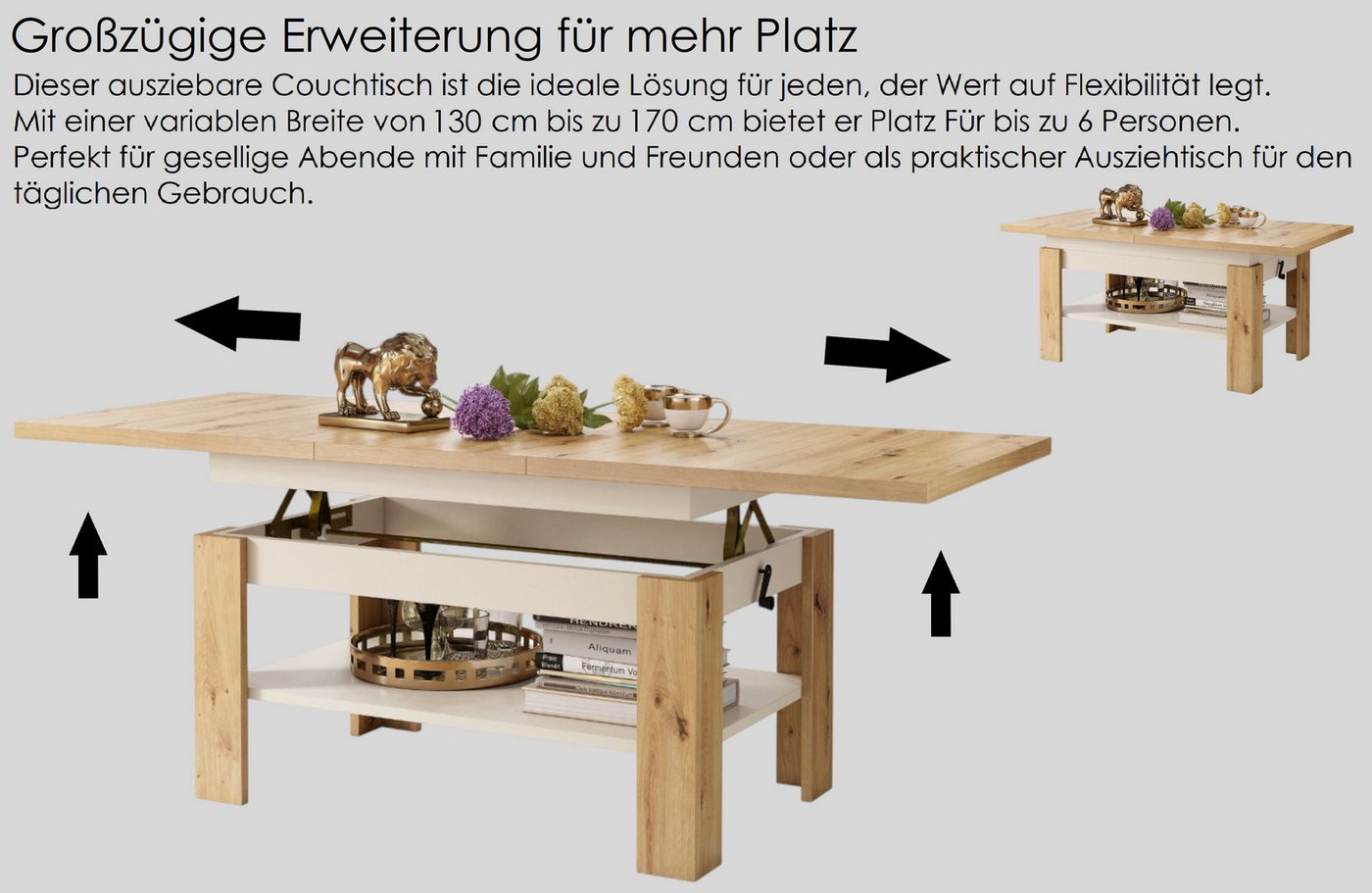 designimpex Couchtisch Design Rio stufenlos höhenverstellbar 55 - 67cm ausziehbar 130 - 170cm – Bild 5 von 5