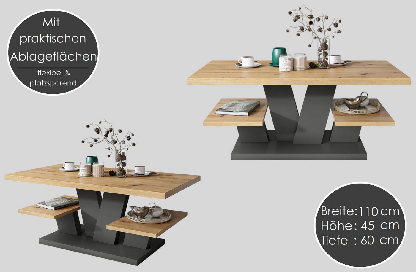 designimpex Couchtisch Design Viva Tisch Wohnzimmertisch 110x60x45 cm mit Ablagefläche – Bild 3 von 5