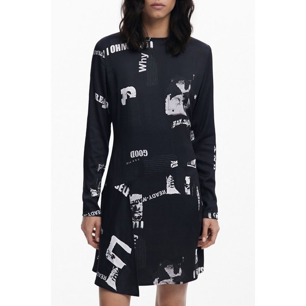 Desigual Partykleid Elegantes Schwarzes Damenkleid mit Muster und langen Ärmeln