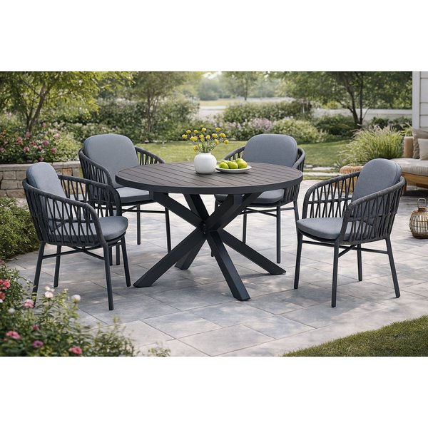 Destiny Garten-Essgruppe COMO ARONA Essgruppe 4 Se + Ausziehtisch Ø120/170 cm grau/anthr., (Set, 4 Stapelsessel inkl. Polster, 1 Tisch mit Synchronauszug), Alum