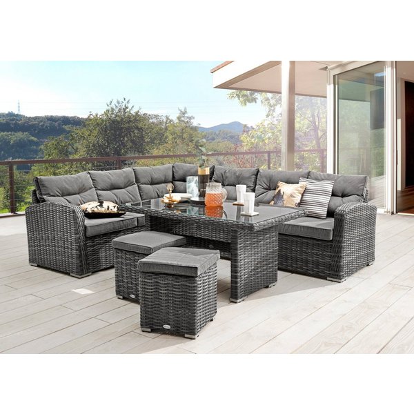 Destiny Gartenlounge-Set SANTA PONSA II Eckgruppe grau meliert, Tisch 140x80cm, Polster grau, (Set, 20-tlg., 2 Schenkel, 2 Hocker, inkl. Polster, 1 Tisch), Alum