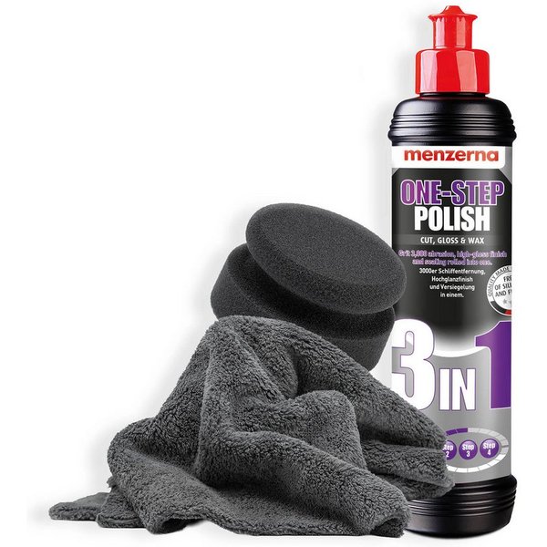 detailmate Auto Politur 3in1 Menzerna One Step Polish Set Autopolitur (4 St), Medium Cut One-Step + PAD Medium + Mikrofasertuch + Gummihandschuhe