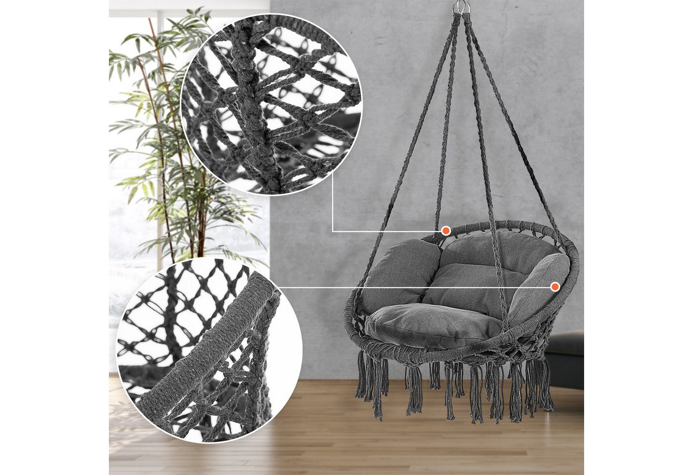 Detex Hängesessel (1-St), 150kg belastbar weiche Kissen Hängestuhl Garten Indoor Outdoor – Bild 3 von 5