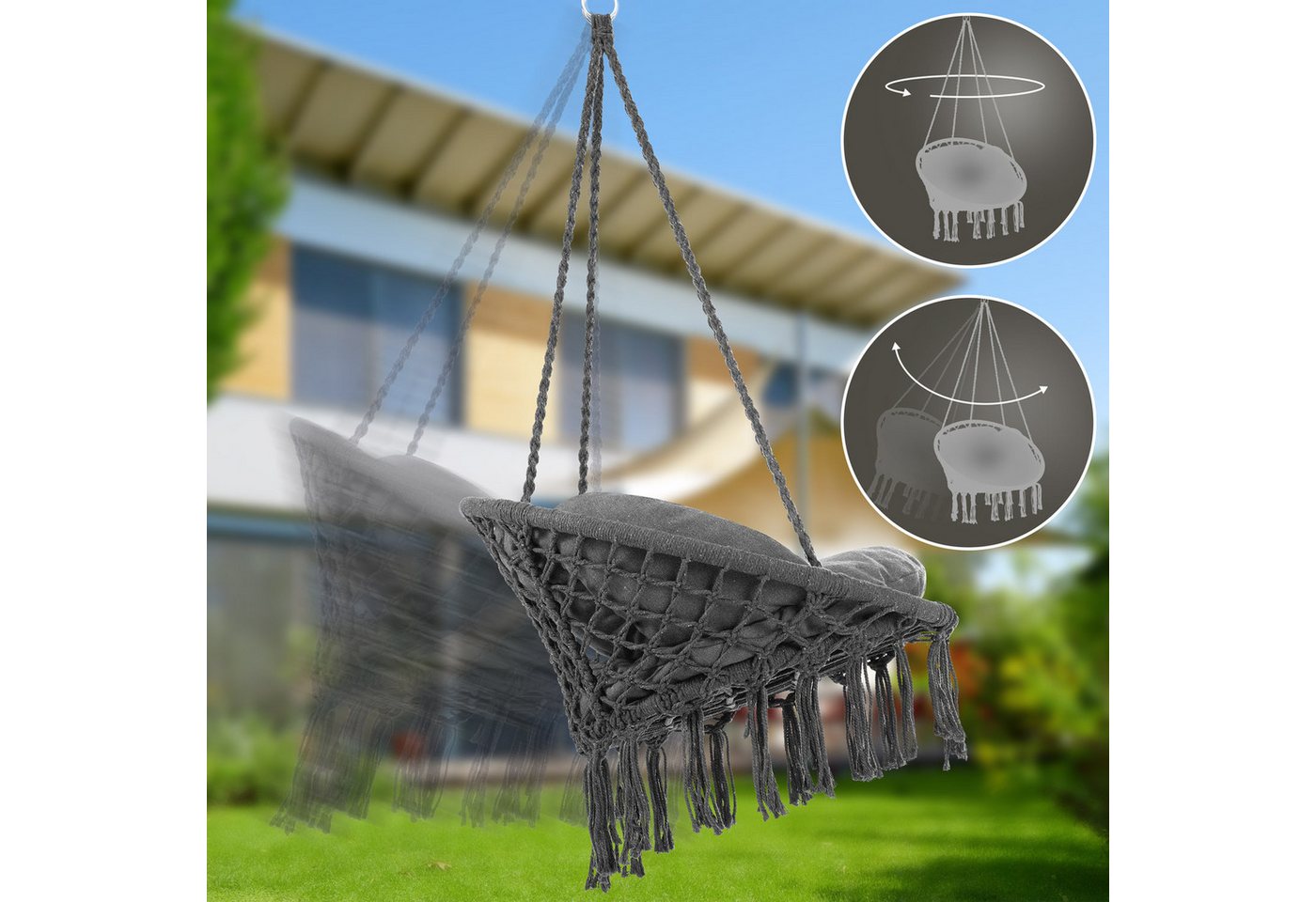 Detex Hängesessel (1-St), 150kg belastbar weiche Kissen Hängestuhl Garten Indoor Outdoor – Bild 5 von 5