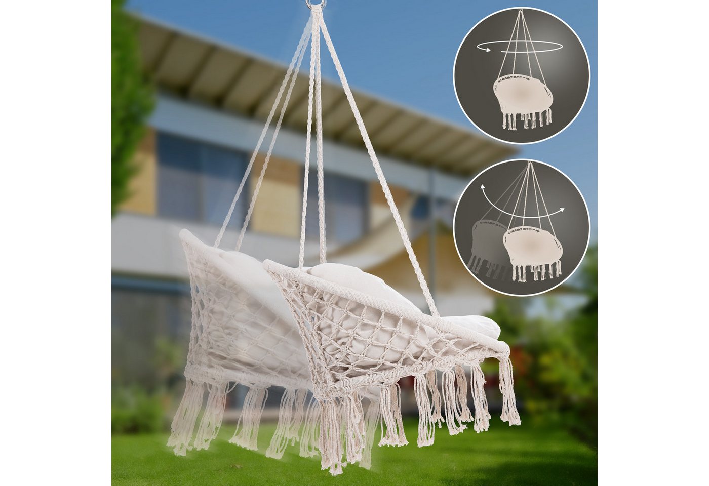 Detex Hängesessel (1-St), 150kg belastbar weiche Kissen Hängestuhl Garten Indoor Outdoor – Bild 5 von 5
