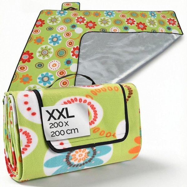 Picknickdecke, Detex, XXL 200x200 cm Wasserdicht Wärmeisoliert 4-6 Personen Blumen