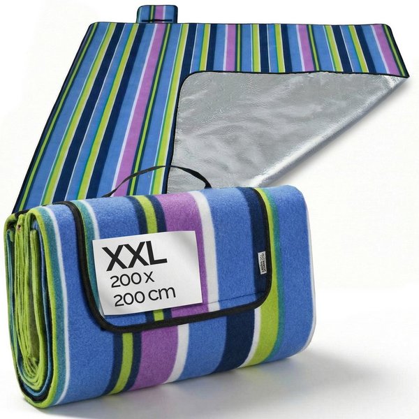 Picknickdecke, Detex, XXL 200x200 cm Wasserdicht Wärmeisoliert 4-6 Personen Streifen