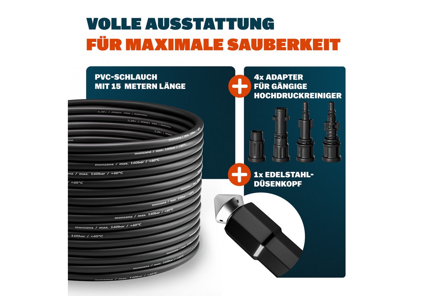 Deuba Rohrreinigungsspirale, Rohrreinigungsschlauch 15m 160Bar 4 Adapter Rohrreinigungsset Schlauch – Bild 3 von 5