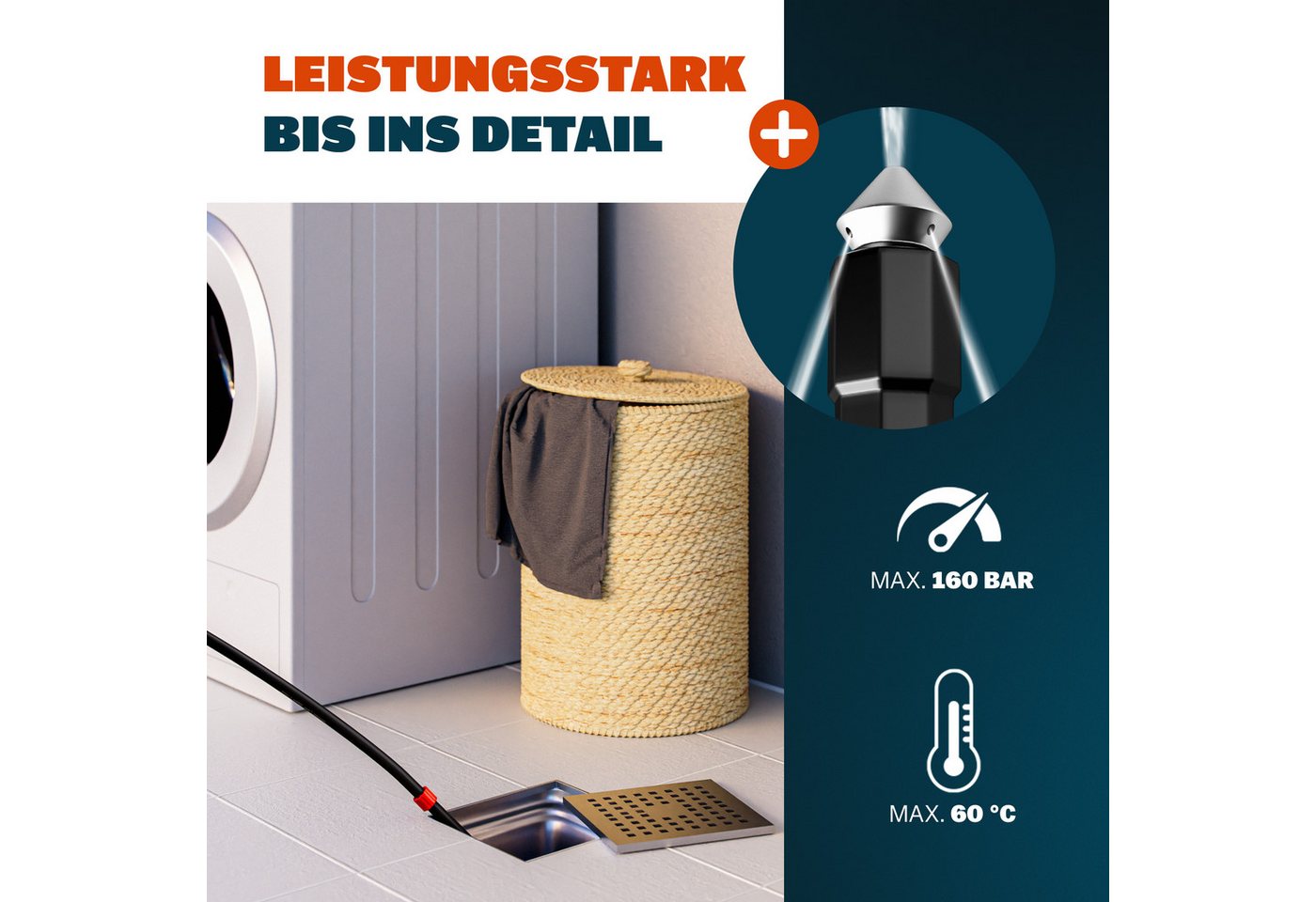 Deuba Rohrreinigungsspirale, Rohrreinigungsschlauch 15m 160Bar 4 Adapter Rohrreinigungsset Schlauch – Bild 4 von 5