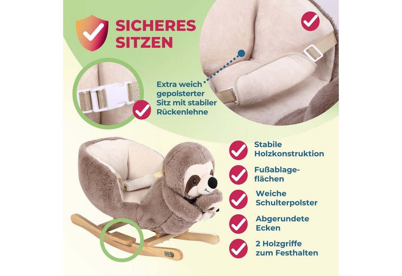 Deuba Schaukeltier Faultier, Schaukelfaultier Schaukeltier Wippe Kinder Baby Spielzeug Faultier – Bild 3 von 5