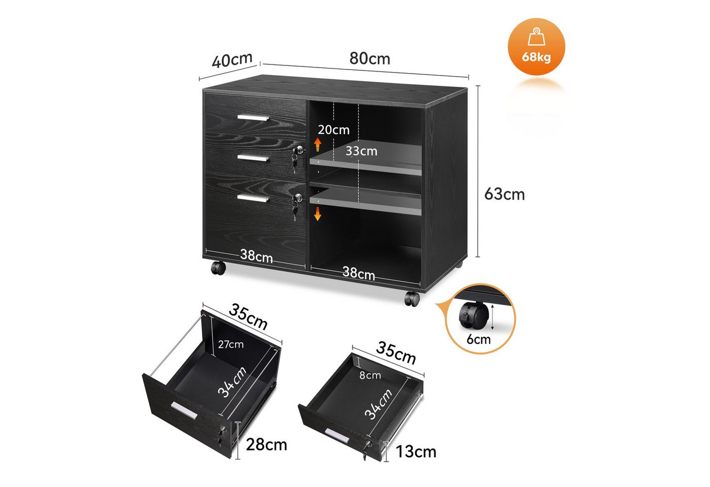 DEVAISE Aktenschrank Rollcontainer mit 3 abschließbaren Schubladen & offenem Fach, (80×40×63 cm) mobiler Aktenschrank auf Rollen, Hängeregistratur Letter – Bild 2 von 5