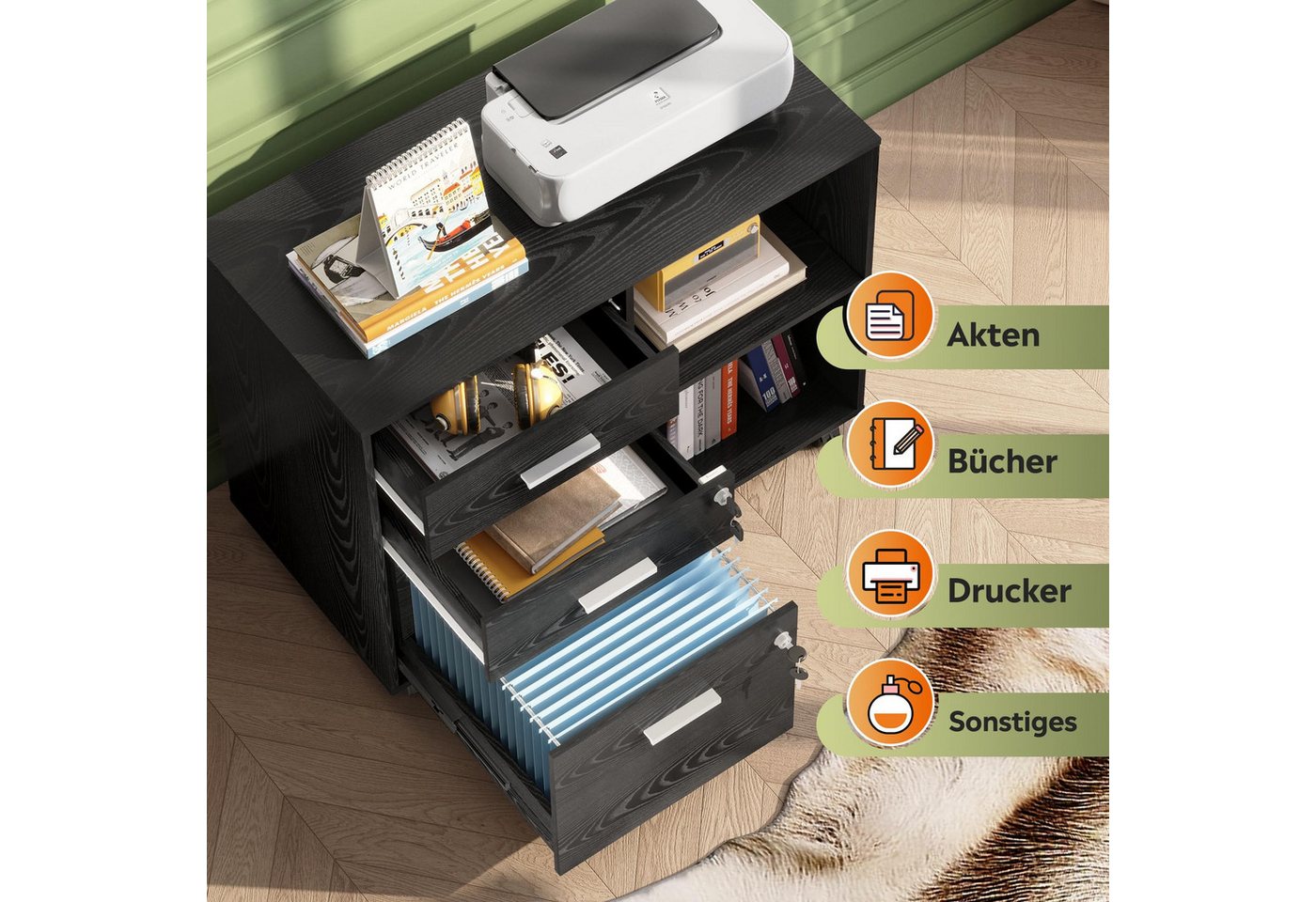 DEVAISE Aktenschrank Rollcontainer mit 3 abschließbaren Schubladen & offenem Fach, (80×40×63 cm) mobiler Aktenschrank auf Rollen, Hängeregistratur Letter – Bild 3 von 5