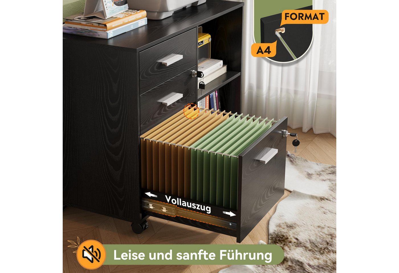 DEVAISE Aktenschrank Rollcontainer mit 3 abschließbaren Schubladen & offenem Fach, (80×40×63 cm) mobiler Aktenschrank auf Rollen, Hängeregistratur Letter – Bild 4 von 5