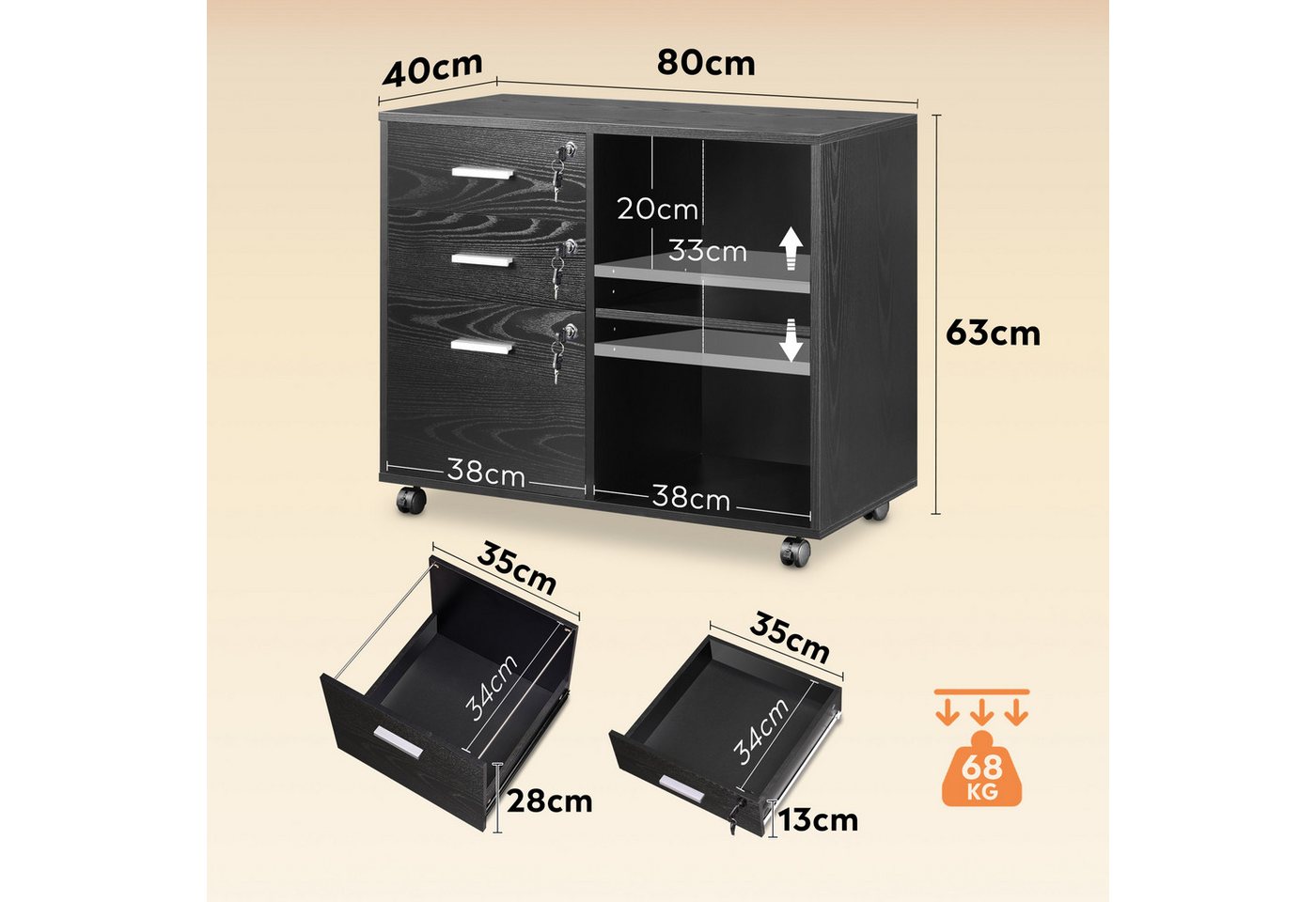 DEVAISE Aktenschrank Rollcontainer mit 3 abschließbaren Schubladen & offenem Fach, (80×40×63 cm) mobiler Aktenschrank auf Rollen, Hängeregistratur Letter – Bild 3 von 5