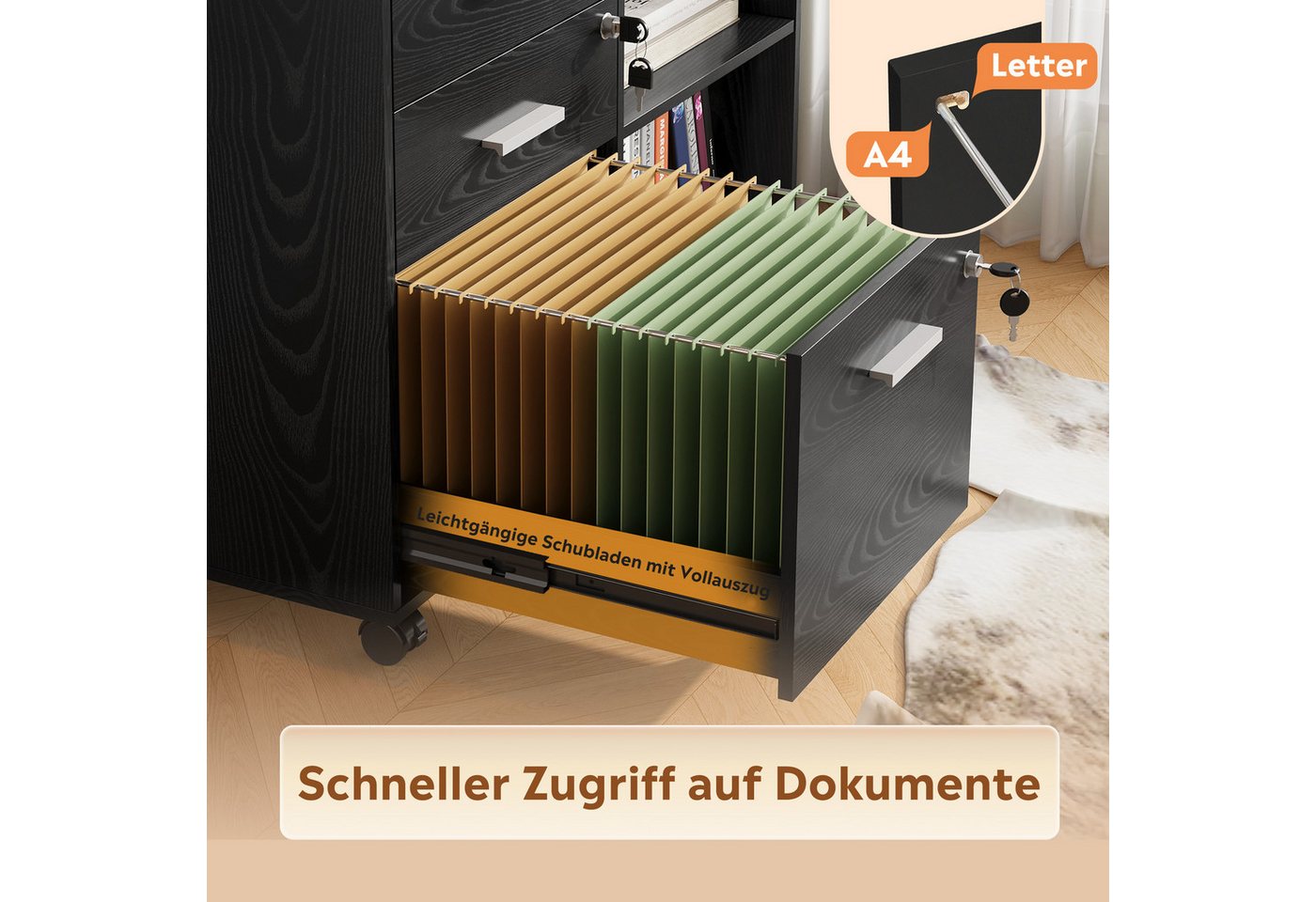 DEVAISE Aktenschrank Rollcontainer mit 3 abschließbaren Schubladen & offenem Fach, (80×40×63 cm) mobiler Aktenschrank auf Rollen, Hängeregistratur Letter – Bild 5 von 5