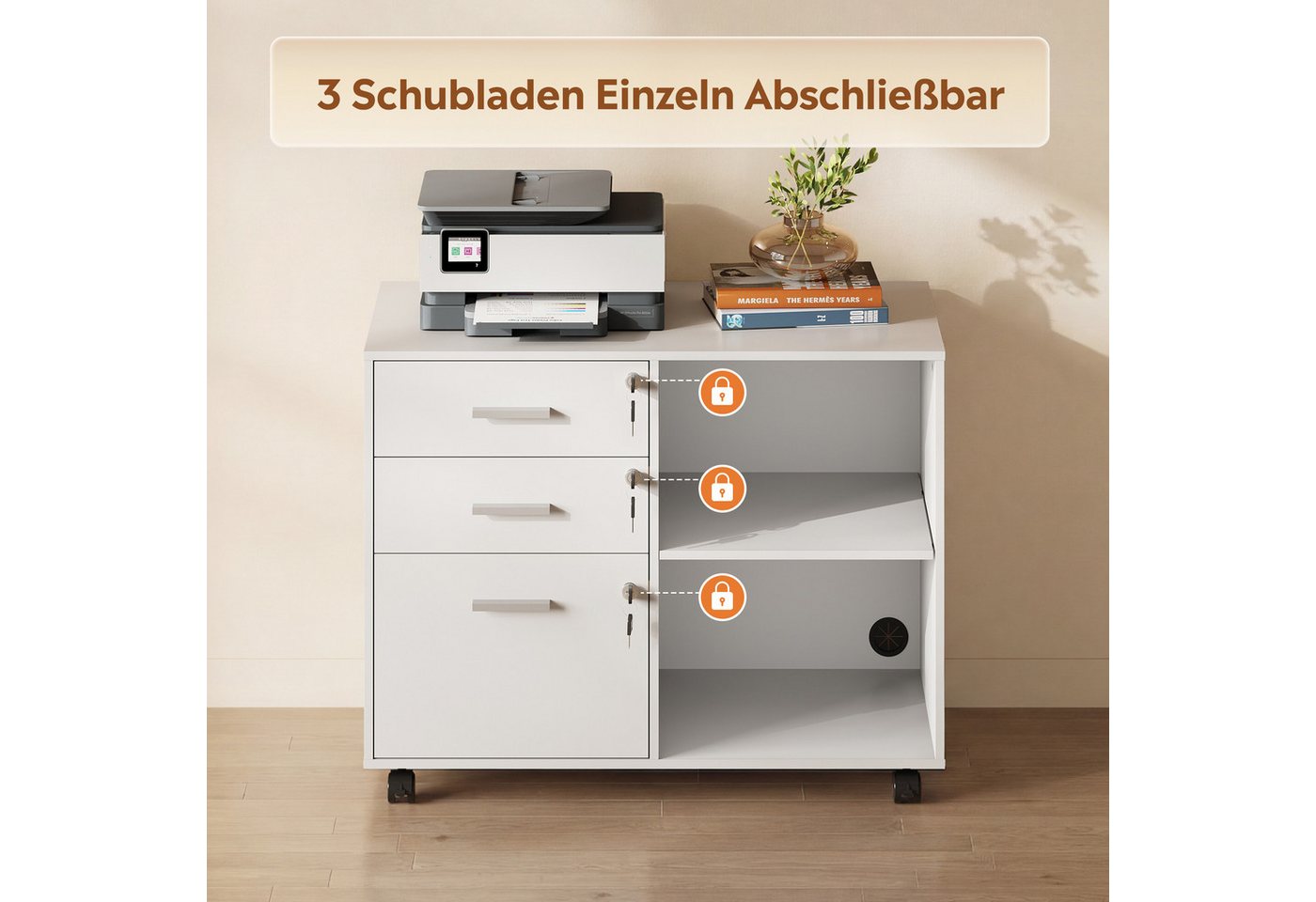 DEVAISE Aktenschrank Rollcontainer mit 3 abschließbaren Schubladen & offenem Fach, (80×40×63 cm) mobiler Aktenschrank auf Rollen, Hängeregistratur Letter – Bild 3 von 5