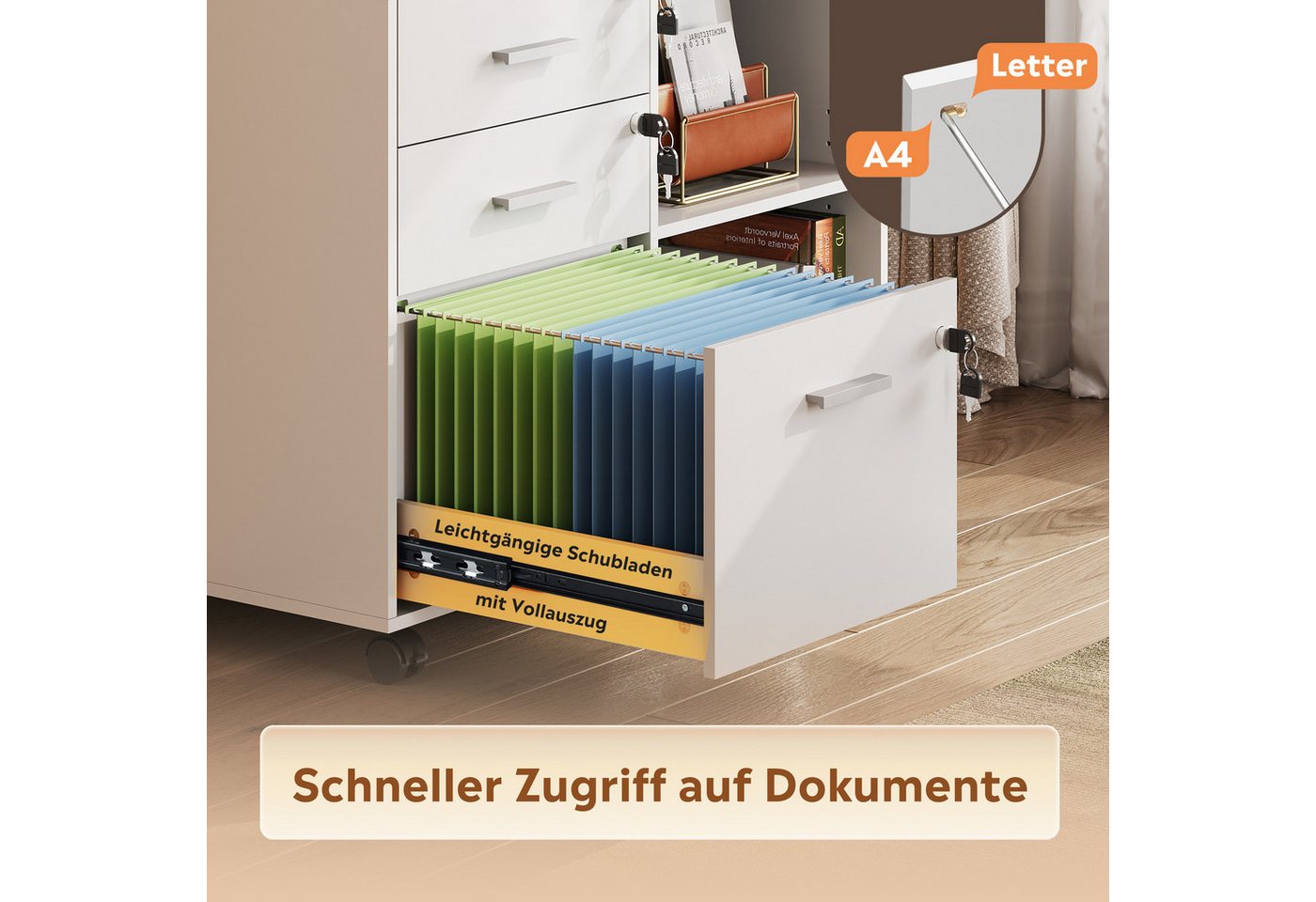 DEVAISE Aktenschrank Rollcontainer mit 3 abschließbaren Schubladen & offenem Fach, (80×40×63 cm) mobiler Aktenschrank auf Rollen, Hängeregistratur Letter – Bild 4 von 5