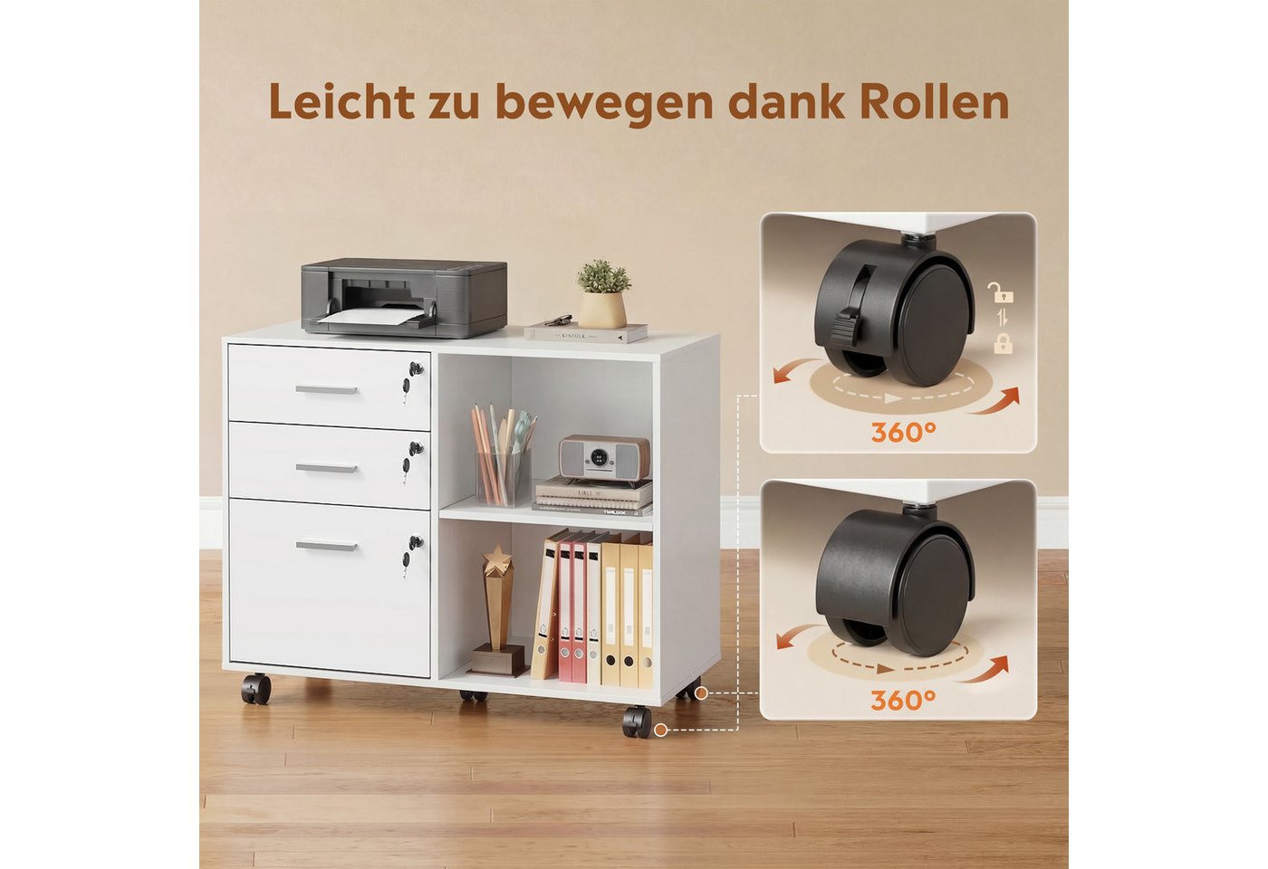DEVAISE Aktenschrank Rollcontainer mit 3 abschließbaren Schubladen & offenem Fach, (80×40×63 cm) mobiler Aktenschrank auf Rollen, Hängeregistratur Letter – Bild 5 von 5