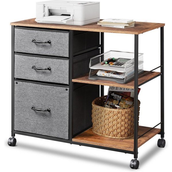DEVAISE Aktenschrank Rollcontainer mit 3 Schubladen & 2 Ablagen, Mobiler Aktenschrank (Druckertisch für DIN A4/Legal/Letter, Breit 75cm) Schubladenschrank auf R