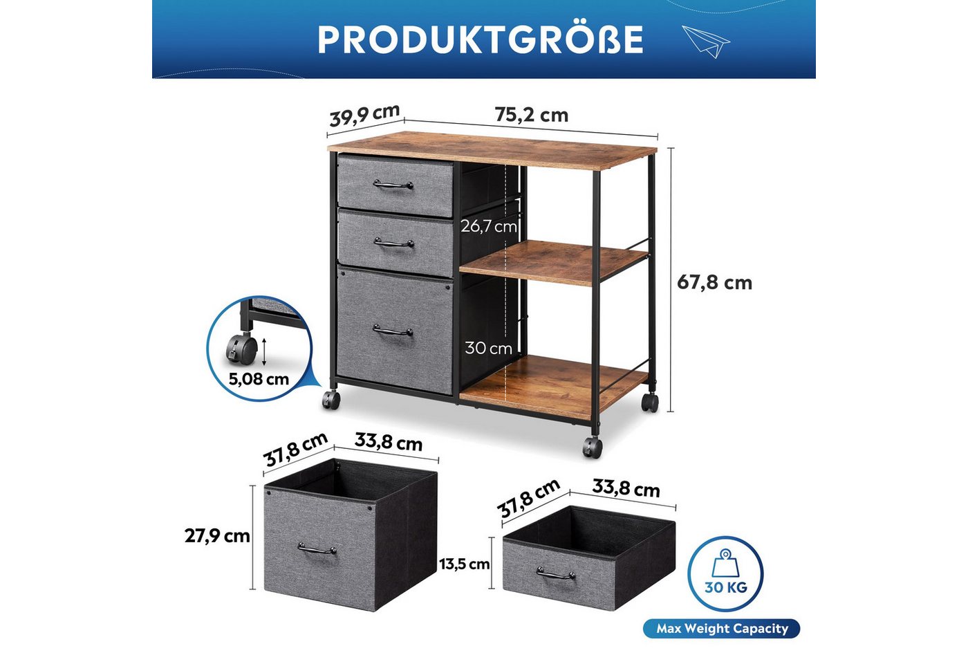 DEVAISE Aktenschrank Rollcontainer mit 3 Schubladen & 2 Ablagen, Mobiler Aktenschrank (Druckertisch für DIN A4/Legal/Letter, Breit 75cm) Schubladenschrank auf R – Bild 2 von 5