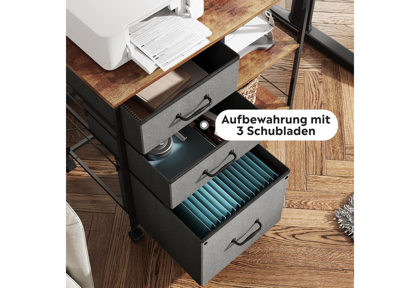 DEVAISE Aktenschrank Rollcontainer mit 3 Schubladen & 2 Ablagen, Mobiler Aktenschrank (Druckertisch für DIN A4/Legal/Letter, Breit 75cm) Schubladenschrank auf R – Bild 3 von 5