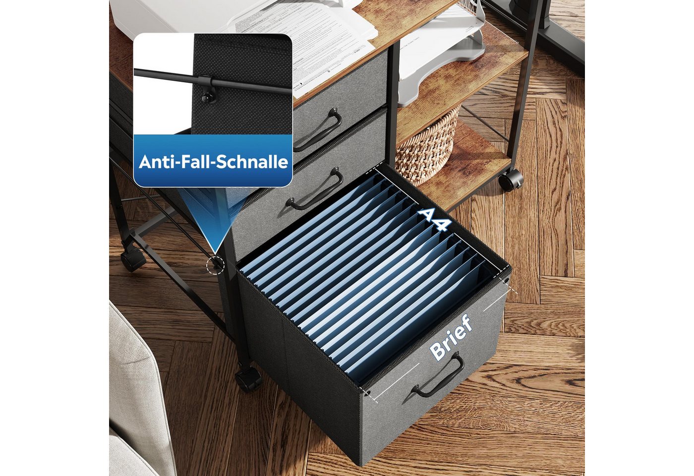DEVAISE Aktenschrank Rollcontainer mit 3 Schubladen & 2 Ablagen, Mobiler Aktenschrank (Druckertisch für DIN A4/Legal/Letter, Breit 75cm) Schubladenschrank auf R – Bild 4 von 5
