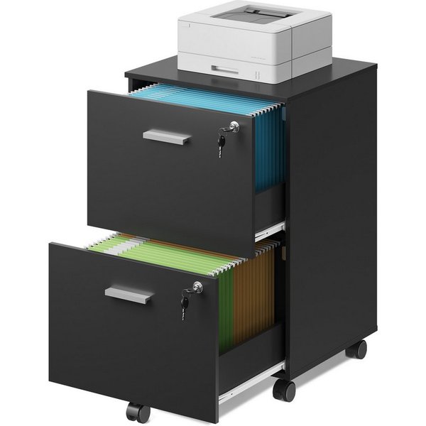 DEVAISE Rollcontainer mit Schubladen, Aktenschrank abschließbar für DIN A4/Legal/Letter, Büroschrank mit Rollen, Druckerständer, Schwarz, 44×40×68 cm