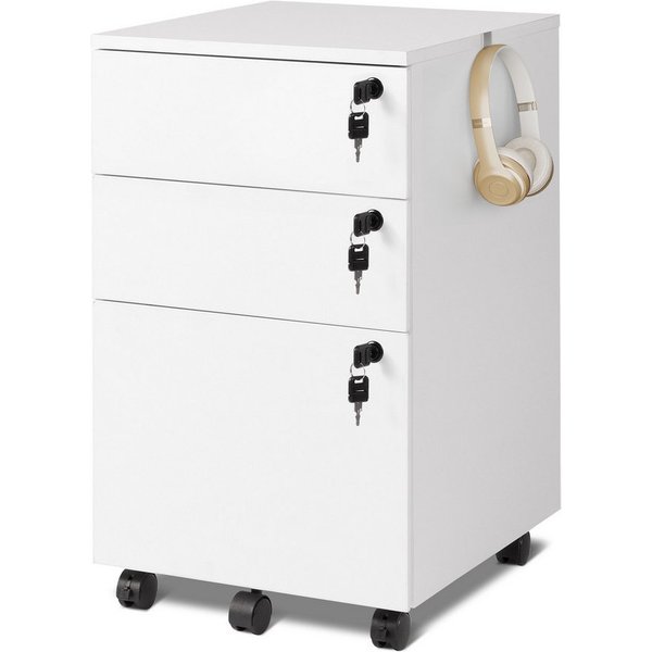 DEVAISE Rollcontainer Mobiler Aktenschrank mit 3 Schubladen, (Druckertisch für DIN A4/Legal/Letter), 3 Schlüssel, Schreibtisch Unterschrank für Büro und Home Of