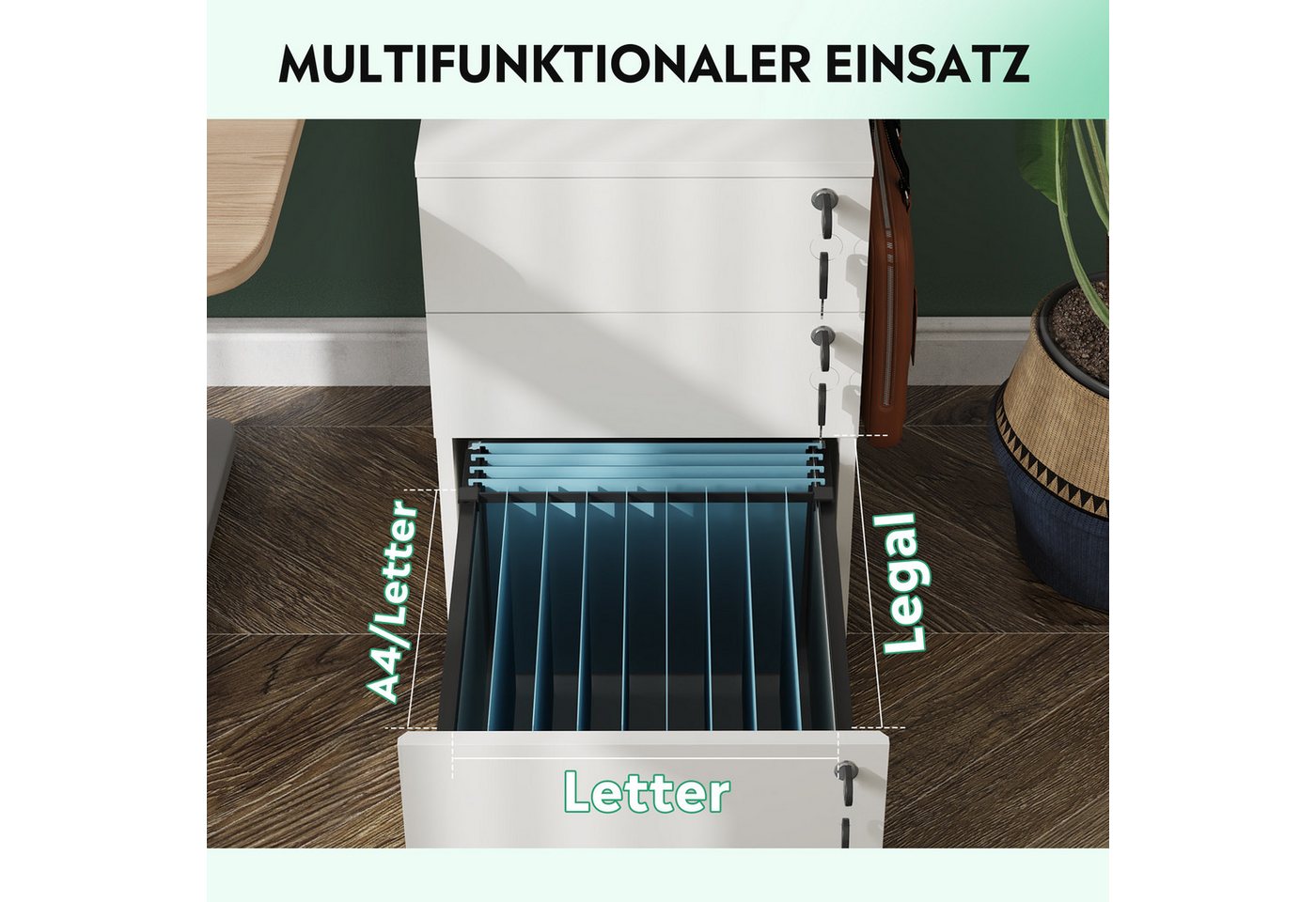 DEVAISE Rollcontainer Mobiler Aktenschrank mit 3 Schubladen, (Druckertisch für DIN A4/Legal/Letter), 3 Schlüssel, Schreibtisch Unterschrank für Büro und Home Of – Bild 2 von 5