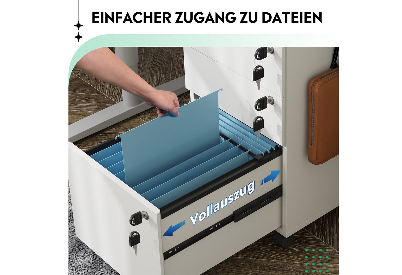 DEVAISE Rollcontainer Mobiler Aktenschrank mit 3 Schubladen, (Druckertisch für DIN A4/Legal/Letter), 3 Schlüssel, Schreibtisch Unterschrank für Büro und Home Of – Bild 3 von 5